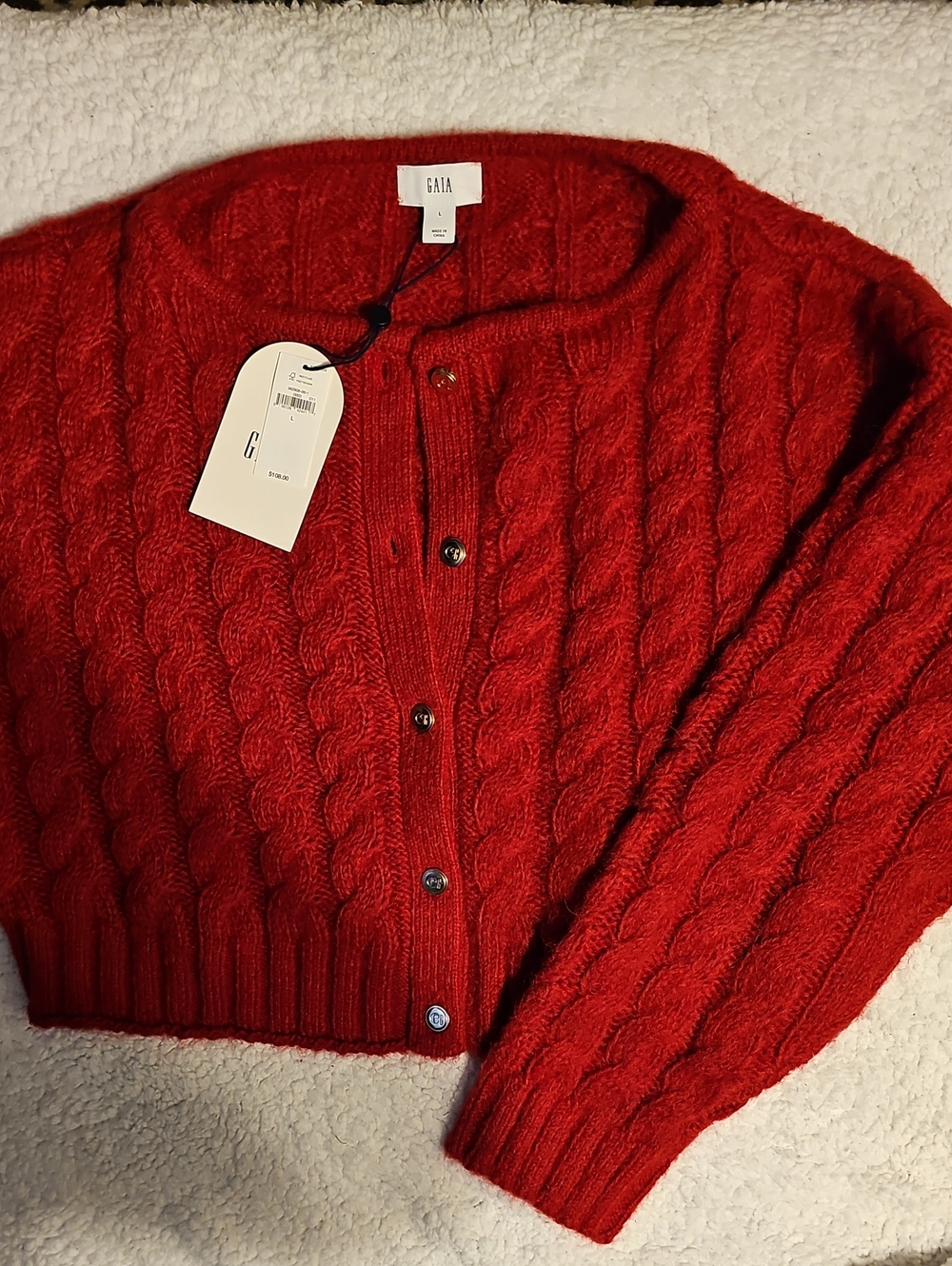 Red Cable-Knit Button Cardigan Sweater